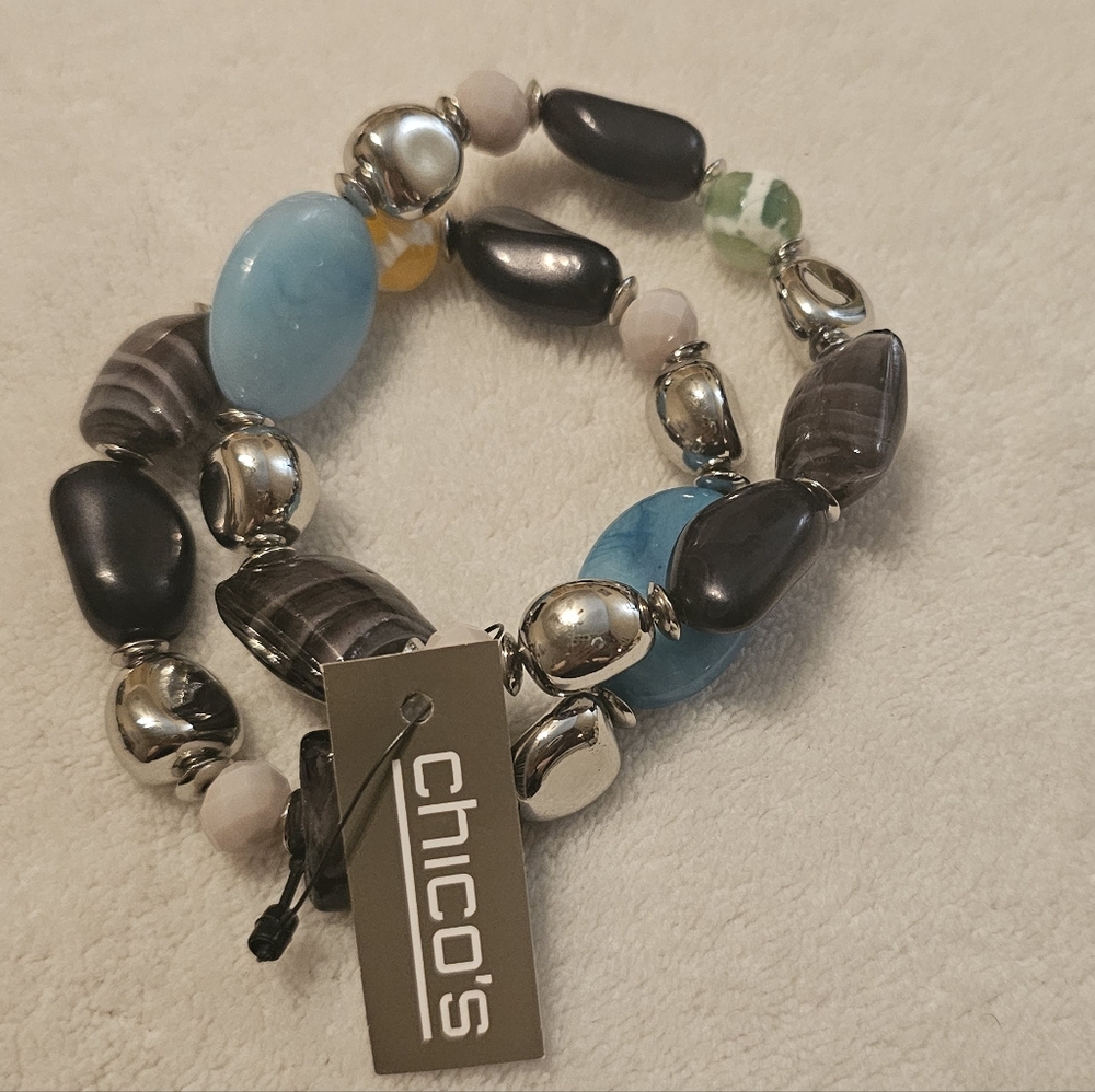 Chico's Silver and Blue Beaded Bracelet Set - Picture 1 of 2